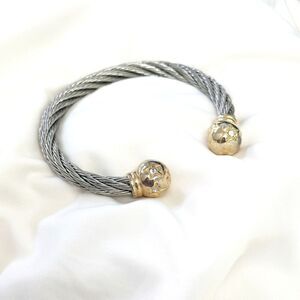 Vintage Two-Tone Silver & Gold Star Bangle – Rhinestone Accents, Flexible Fit